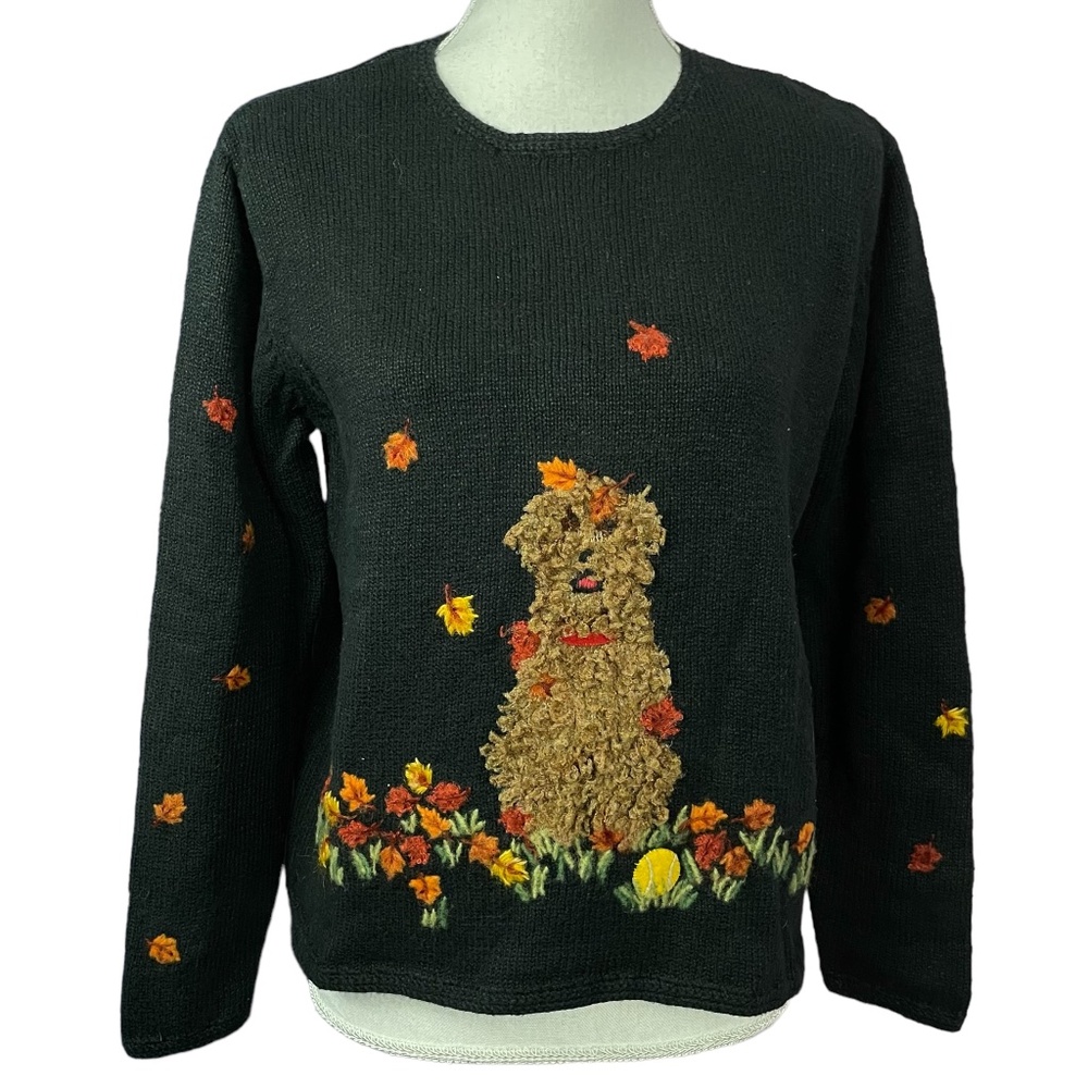 Crewneck Sweater with Puppy and Fall Leaves - Black
